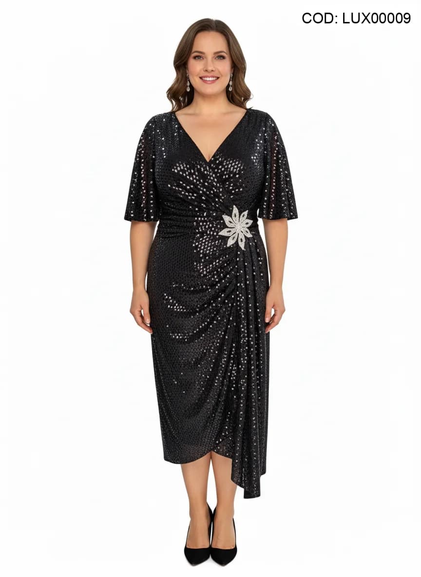 Rochie midi neagră cu paiete, decolteu în V, mâneci fluture și drapaj cu aplicație stras