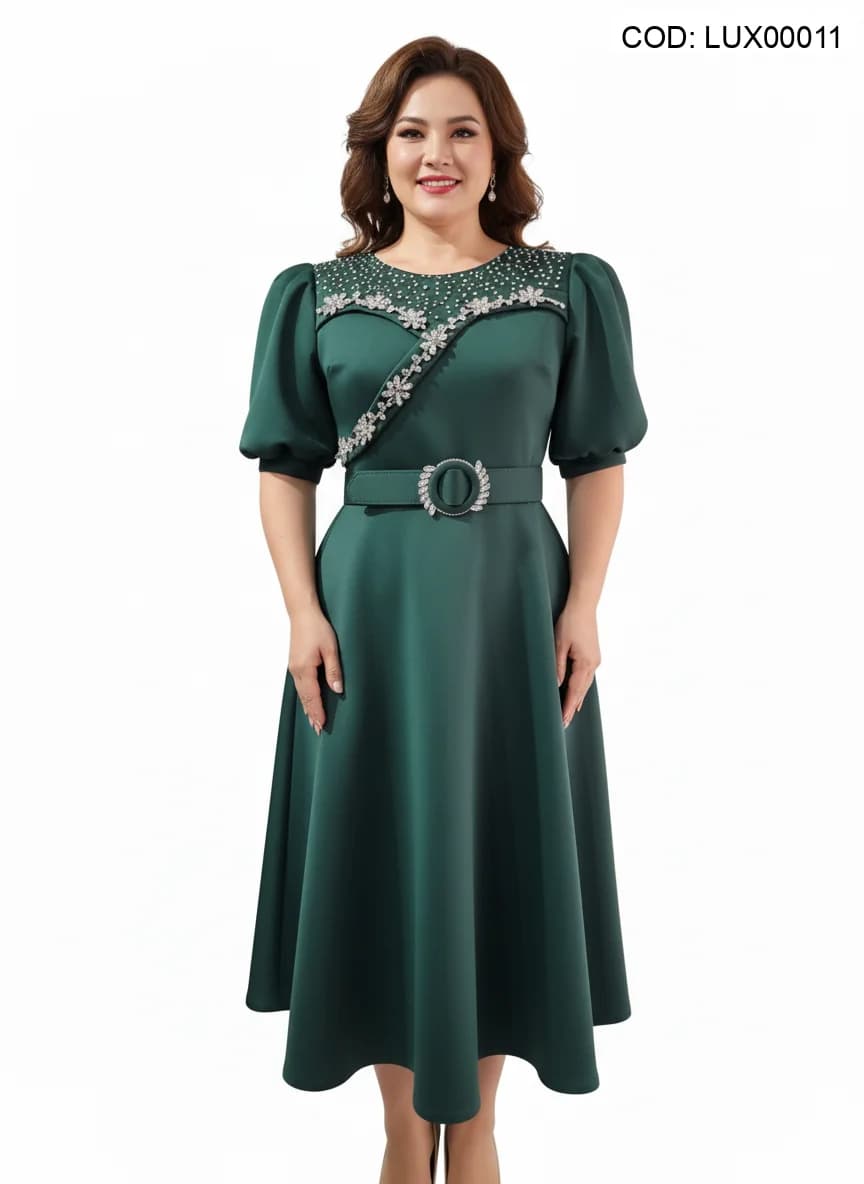 Rochie midi verde smarald cu aplicații luxury, mâneci bufante și cordon cu cataramă stras