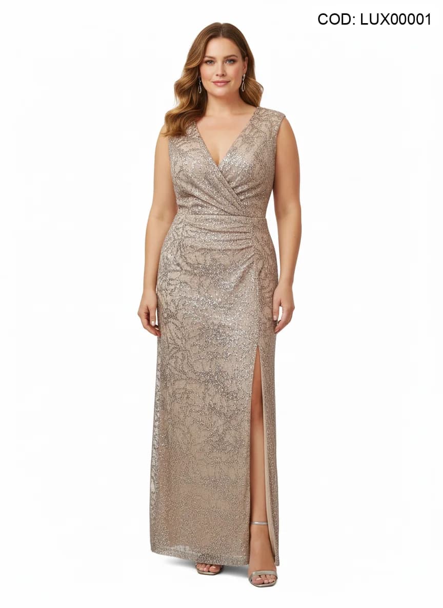 Rochie lungă aurie cu paiete și slit lateral