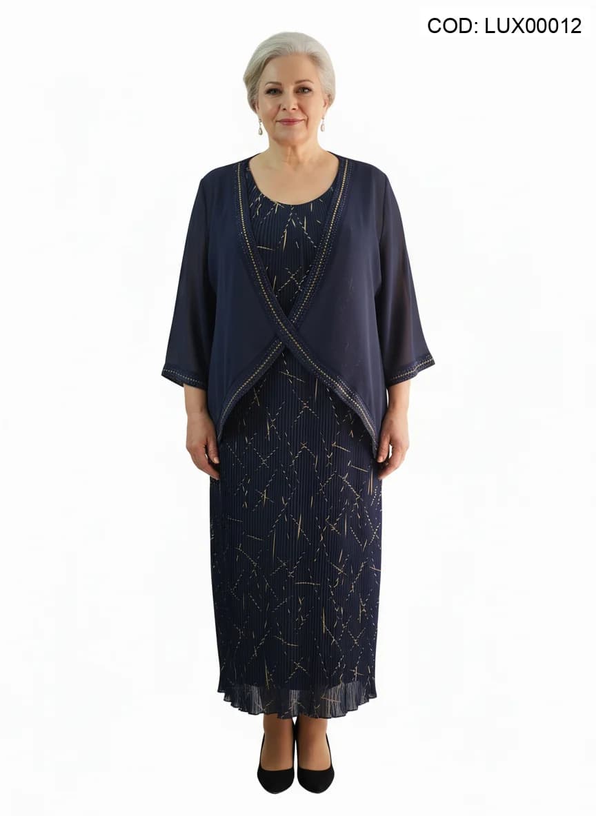 Ținută elegantă două piese bleumarin cu imprimeu auriu și jachetă voal