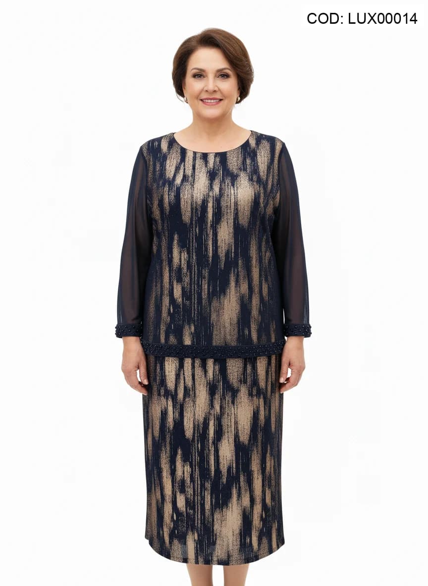 Costum elegant bleumarin-auriu cu tiul și aplicații