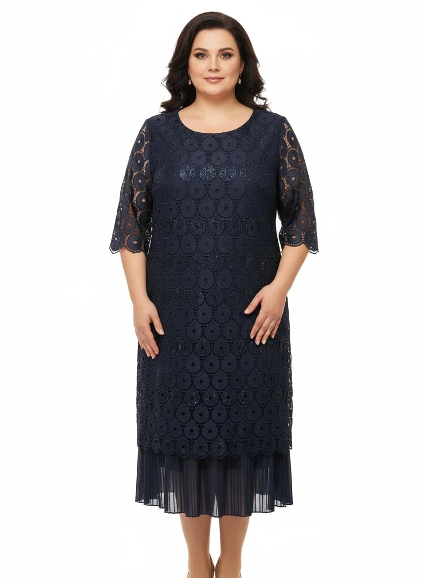 Rochie bleumarin din dantelă cu tiv plisat