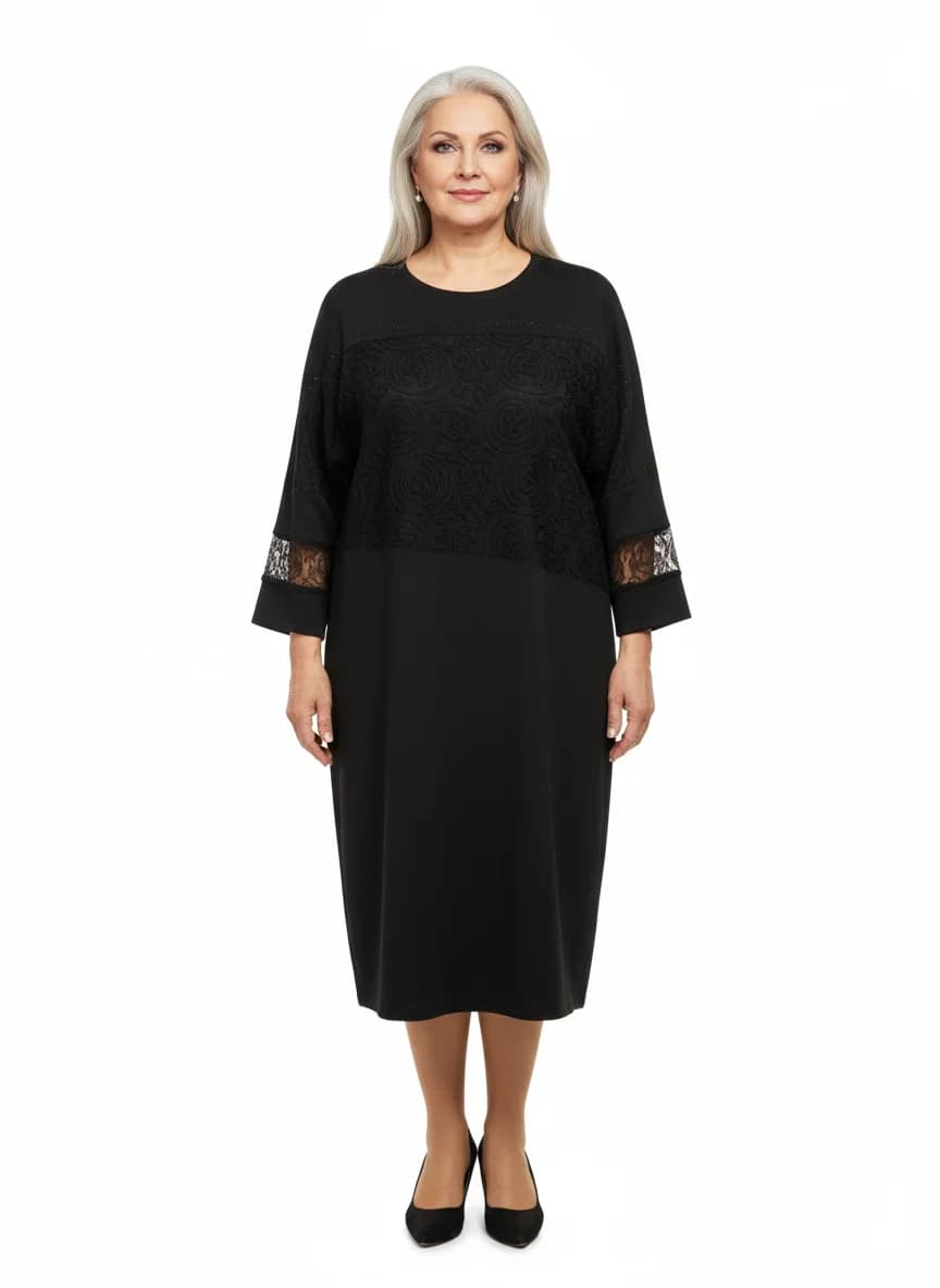 Rochie midi neagră cu dantelă la bust și inserții pe mâneci, croi lejer – elegantă și comodă