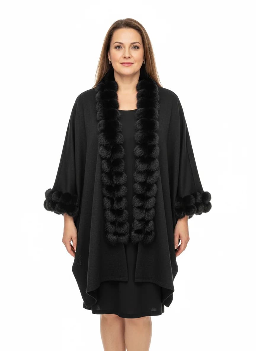 Palton elegant negru cu guler și manșete din blană ecologică, croi lejer