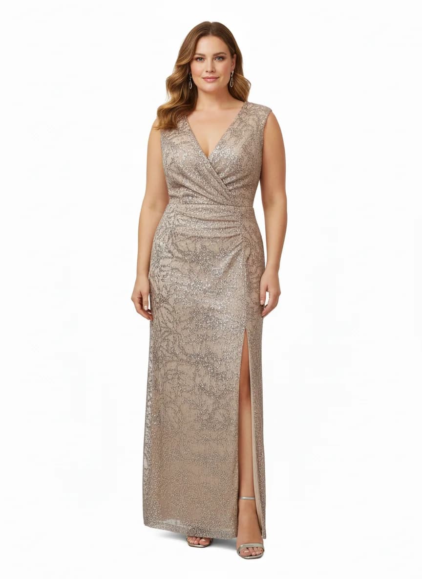 Rochie lungă de seară șampanie cu paiete argintii, decolteu V și șliț
