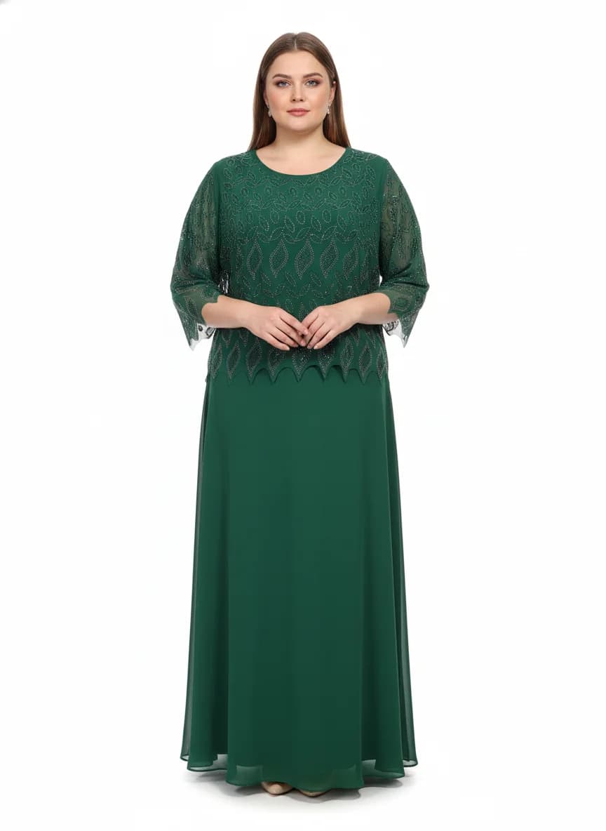 Rochie Lungă Elegantă Verde Smarald, Top Brodat cu Mărgele, Mâneci 3/4