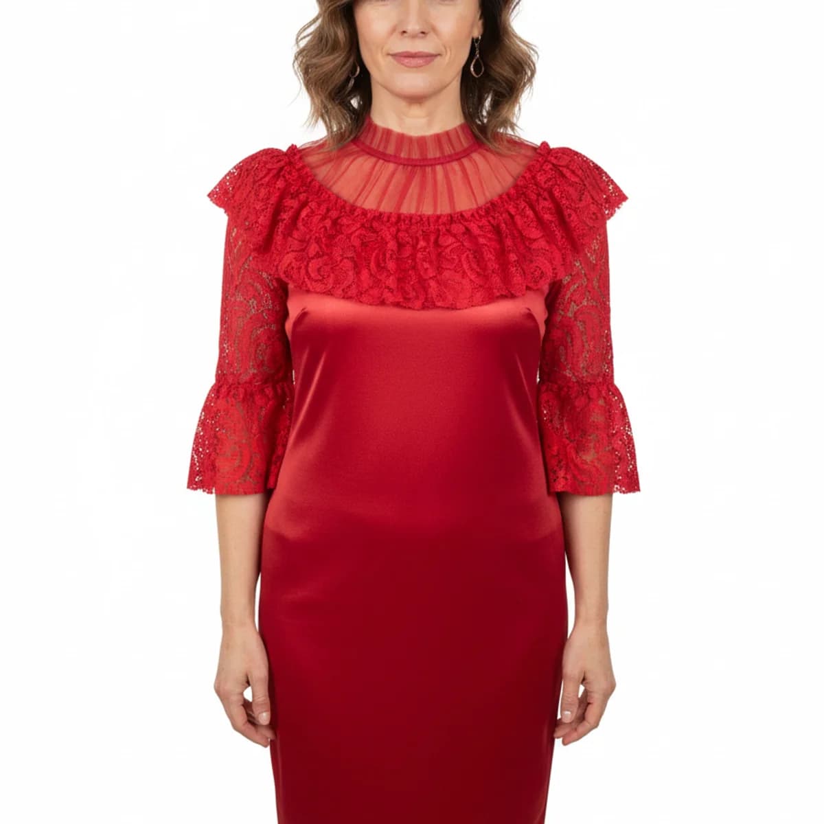 Rochie Midi Roșie Catifea cu Dantelă, Decolteu Bardot și Mâneci Clopot