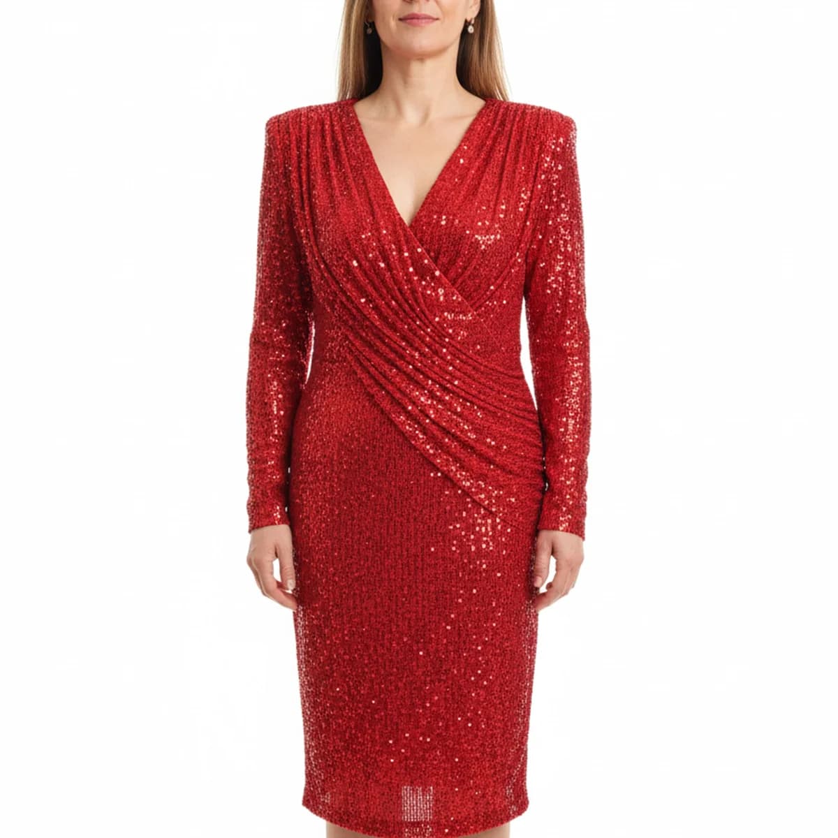 Rochie Roșie de Ocazie cu Paiete, Drapaj și Mâneci Lungi