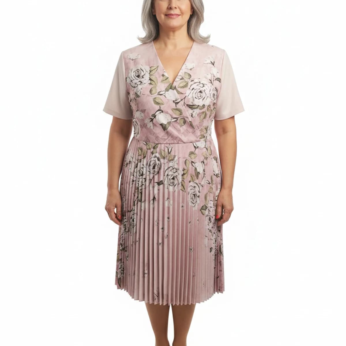 Rochie midi roz pudră cu imprimeu floral, decolteu V și fustă plisată