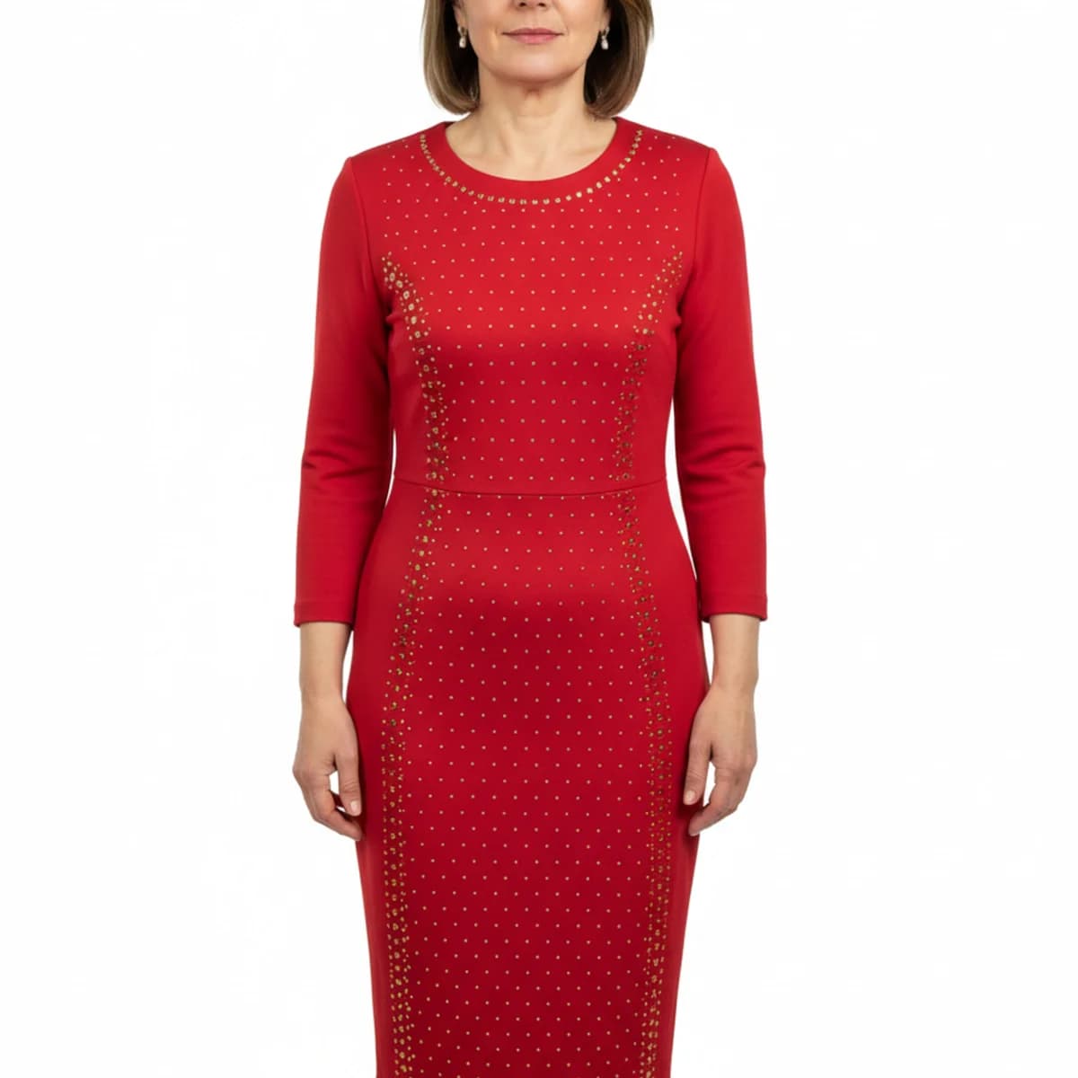 Rochie Tip Creion Roșie cu Aplicații Aurii și Mâneci 3/4