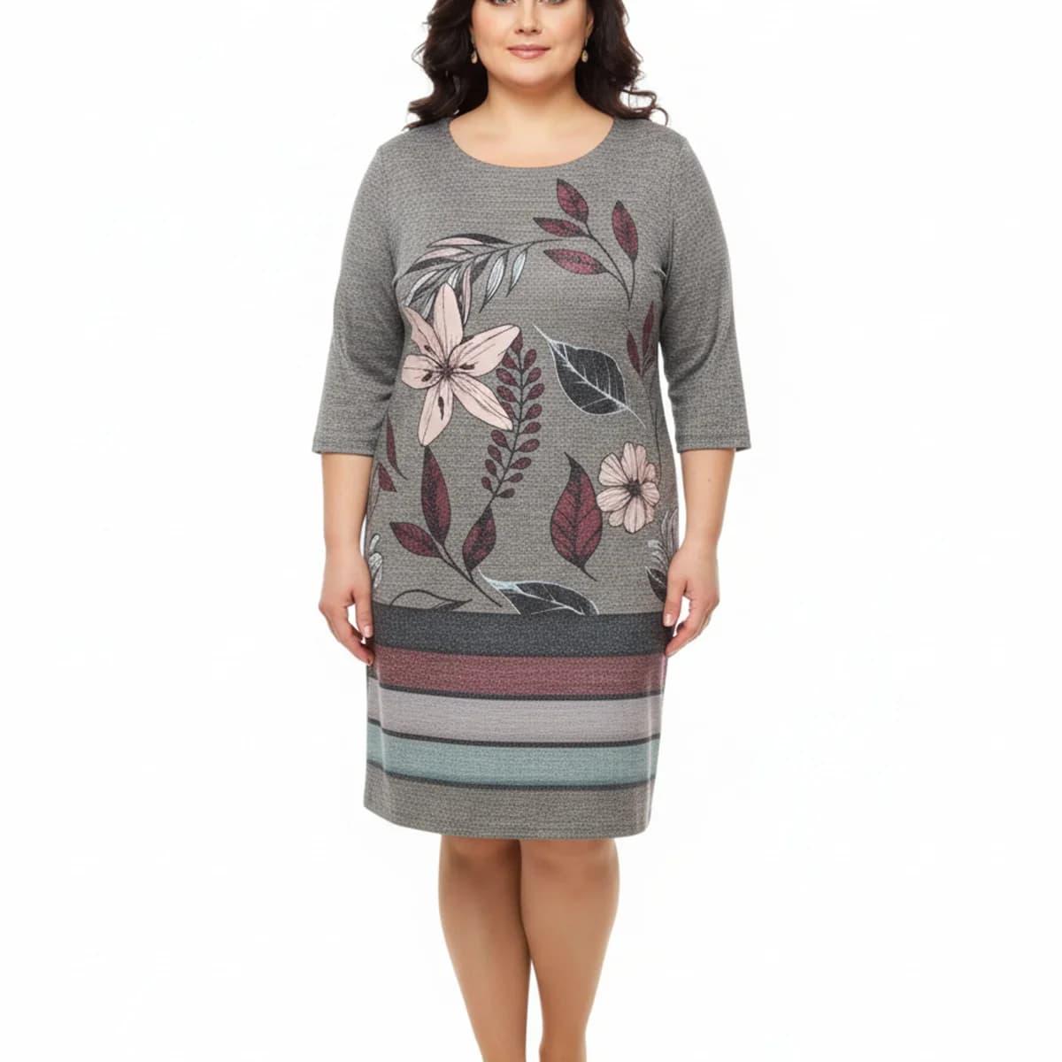 Rochie casual gri melanj cu imprimeu floral și dungi, mânecă 3/4